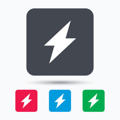 Lightning icon. Electricity energy power symbol. Colored square buttons with flat web icon. Vector