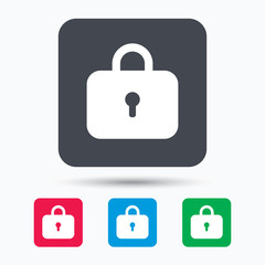 Lock icon. Privacy locker sign. Closed access symbol. Colored square buttons with flat web icon. Vector