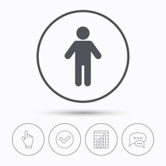 Man icon. Male human symbol. User sign. Chat speech bubbles. Check tick, report chart and hand click. Linear icons. Vector