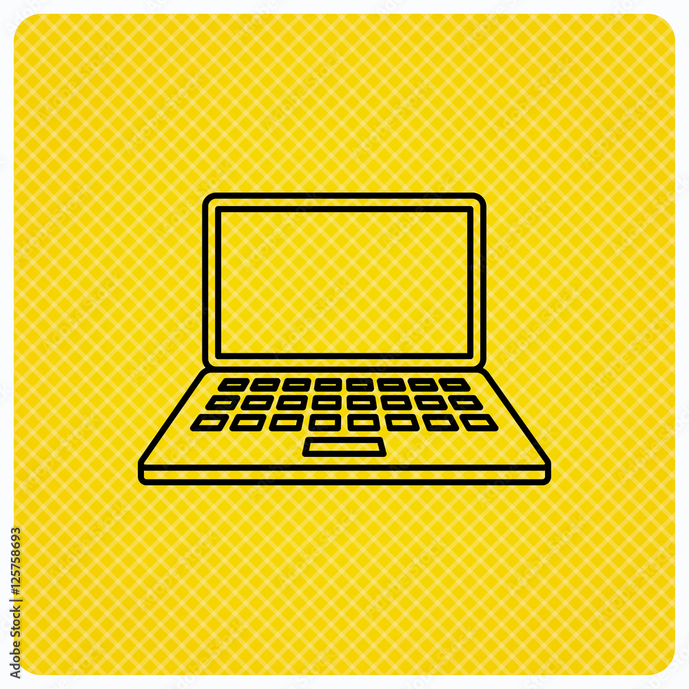 Poster notebook icon. mobile laptop sign. linear icon on orange background. vector