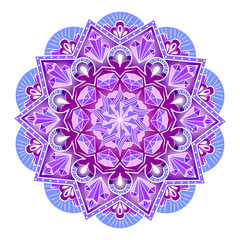 Abstract circular pattern with crystals in blue and purple tones