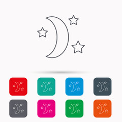 Night or sleep icon. Moon and stars sign. Crescent astronomy symbol. Linear icons in squares on white background. Flat web symbols. Vector