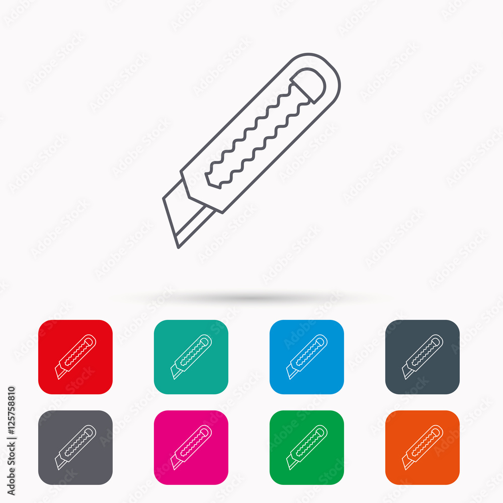 Poster paper knife icon. cutter tool sign. linear icons in squares on white background. flat web symbols. v