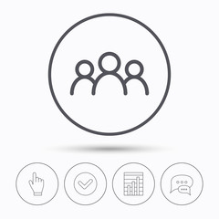 People icon. Group of humans sign. Team work symbol. Chat speech bubbles. Check tick, report chart and hand click. Linear icons. Vector
