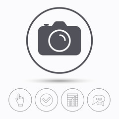 Camera icon. Professional photocamera symbol. Chat speech bubbles. Check tick, report chart and hand click. Linear icons. Vector