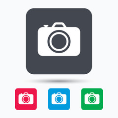 Camera icon. Professional photocamera symbol. Colored square buttons with flat web icon. Vector