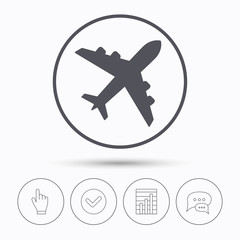 Plane icon. Flight transport symbol. Chat speech bubbles. Check tick, report chart and hand click. Linear icons. Vector