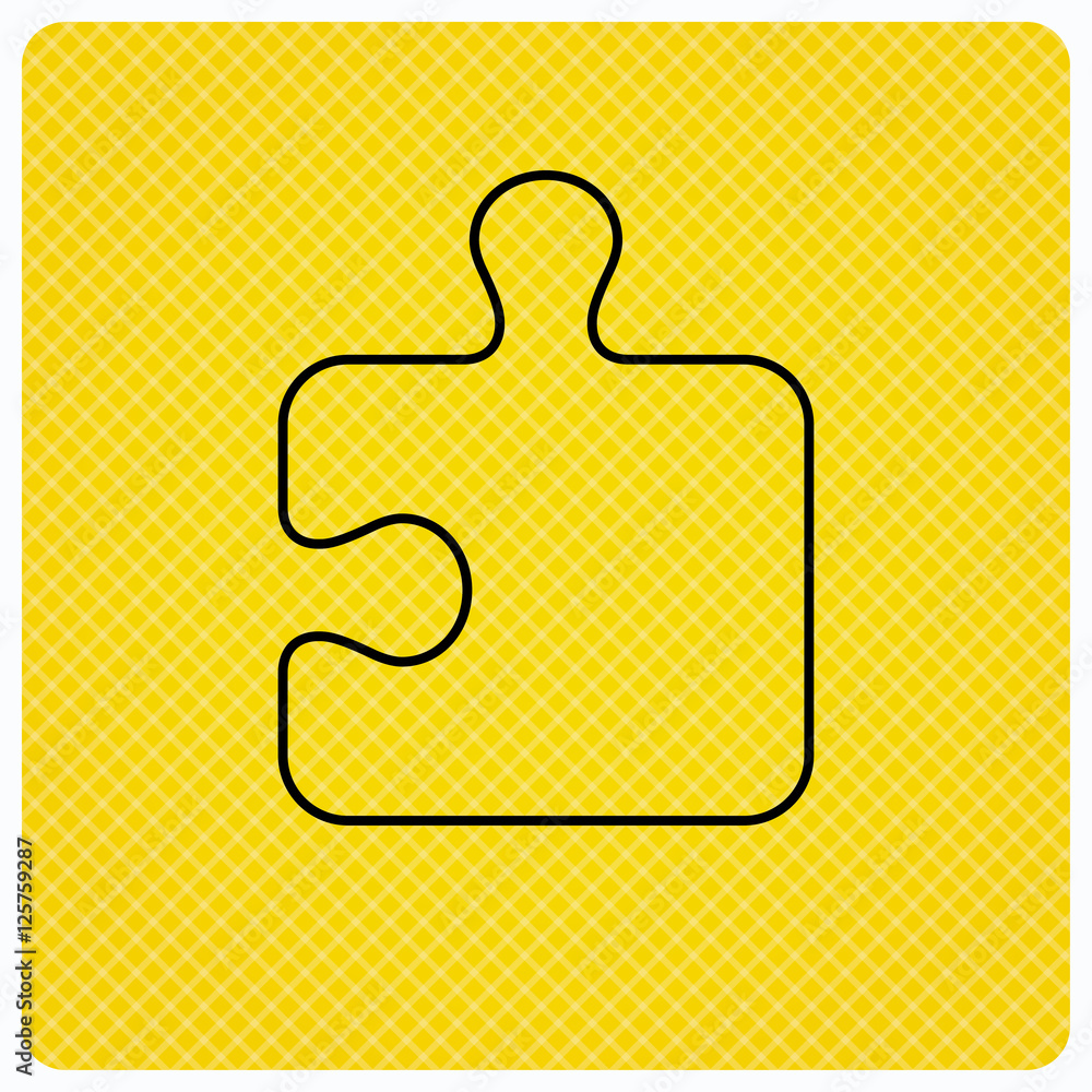 Poster puzzle icon. jigsaw logical game sign. boardgame piece symbol. linear icon on orange background. vec