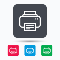 Printer icon. Print documents technology symbol. Colored square buttons with flat web icon. Vector