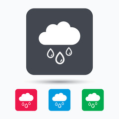 Cloud with rain drops icon. Rainy day symbol. Colored square buttons with flat web icon. Vector