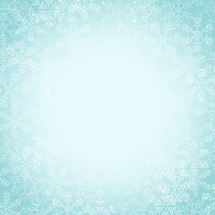 Fototapeta na wymiar Vector light blue square background with frame of white elegant snowflakes for Christmas and New year, with place for text.