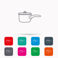 Saucepan icon. Cooking pot or pan sign. Linear icons in squares on white background. Flat web symbols. Vector