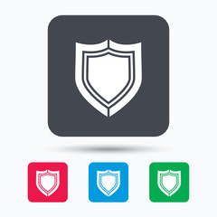 Shield protection icon. Defense equipment symbol. Colored square buttons with flat web icon. Vector