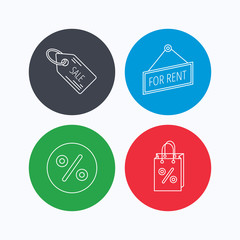 Discounts, gift bag and sale coupon icons. For rent linear sign. Linear icons on colored buttons. Flat web symbols. Vector