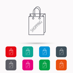 Shopping bag icon. Sale handbag sign. Linear icons in squares on white background. Flat web symbols. Vector