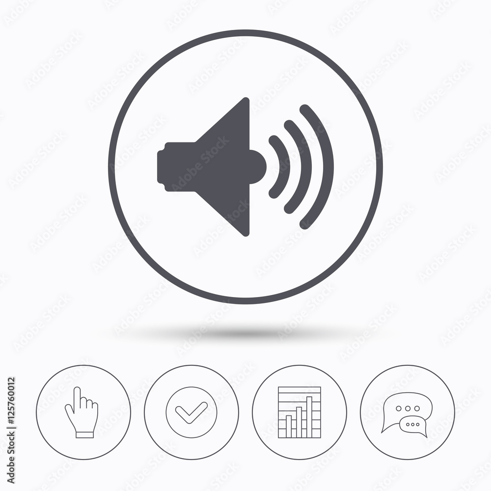 Poster sound icon. music dynamic symbol. chat speech bubbles. check tick, report chart and hand click. line