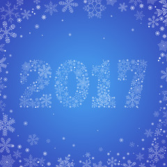 Greeting Christmas card with a symbol of new 2017. The emblem of the new year from a variety of snowflakes on a light blue background.