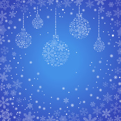 Greeting, christmas card with Christmas balls and snowflakes.