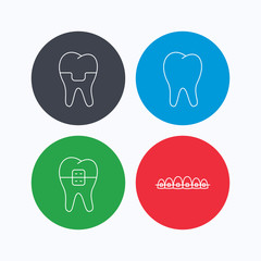 Dental crown, braces and tooth icons. Stomatology linear sign. Linear icons on colored buttons. Flat web symbols. Vector