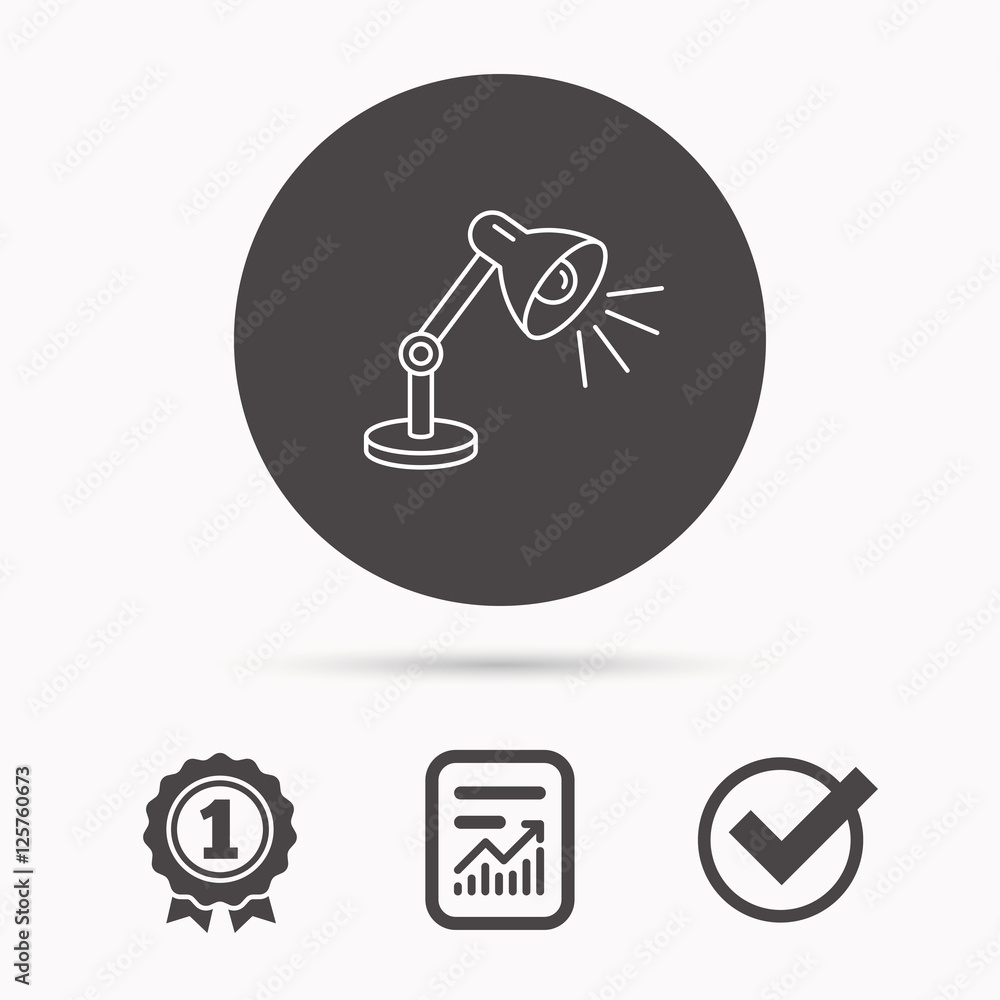 Poster table lamp icon. desk light sign. report document, winner award and tick. round circle button with i