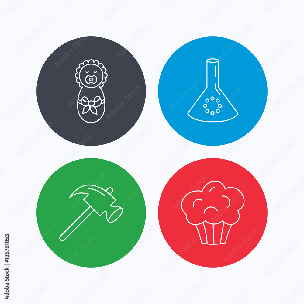 Poster newborn, muffin and lab bulb icons. hammer linear sign. linear icons on colored buttons. flat web sy