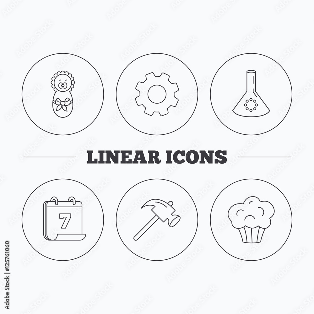 Poster newborn, muffin and lab bulb icons. hammer linear sign. flat cogwheel and calendar symbols. linear i