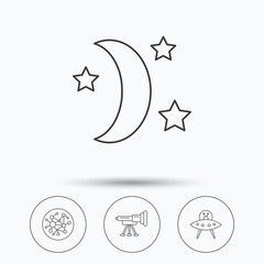 Ufo, global network and telescope icons. Night linear sign. Linear icons in circle buttons. Flat web symbols. Vector
