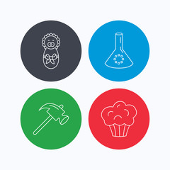 Newborn, muffin and lab bulb icons. Hammer linear sign. Linear icons on colored buttons. Flat web symbols. Vector