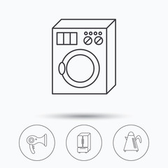 Washing machine, teapot and hair-dryer icons. American style refrigerator linear sign. Linear icons in circle buttons. Flat web symbols. Vector