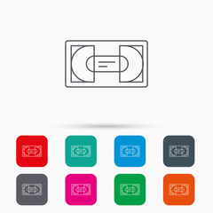 Fototapeta premium Video cassette icon. VHS tape sign. Linear icons in squares on white background. Flat web symbols. Vector