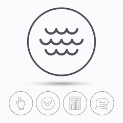 Wave icon. Water stream symbol. Chat speech bubbles. Check tick, report chart and hand click. Linear icons. Vector