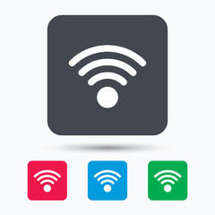 Wifi icon. Wireless internet sign. Communication technology symbol. Colored square buttons with flat web icon. Vector
