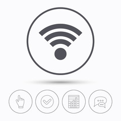 Wifi icon. Wireless internet sign. Communication technology symbol. Chat speech bubbles. Check tick, report chart and hand click. Linear icons. Vector