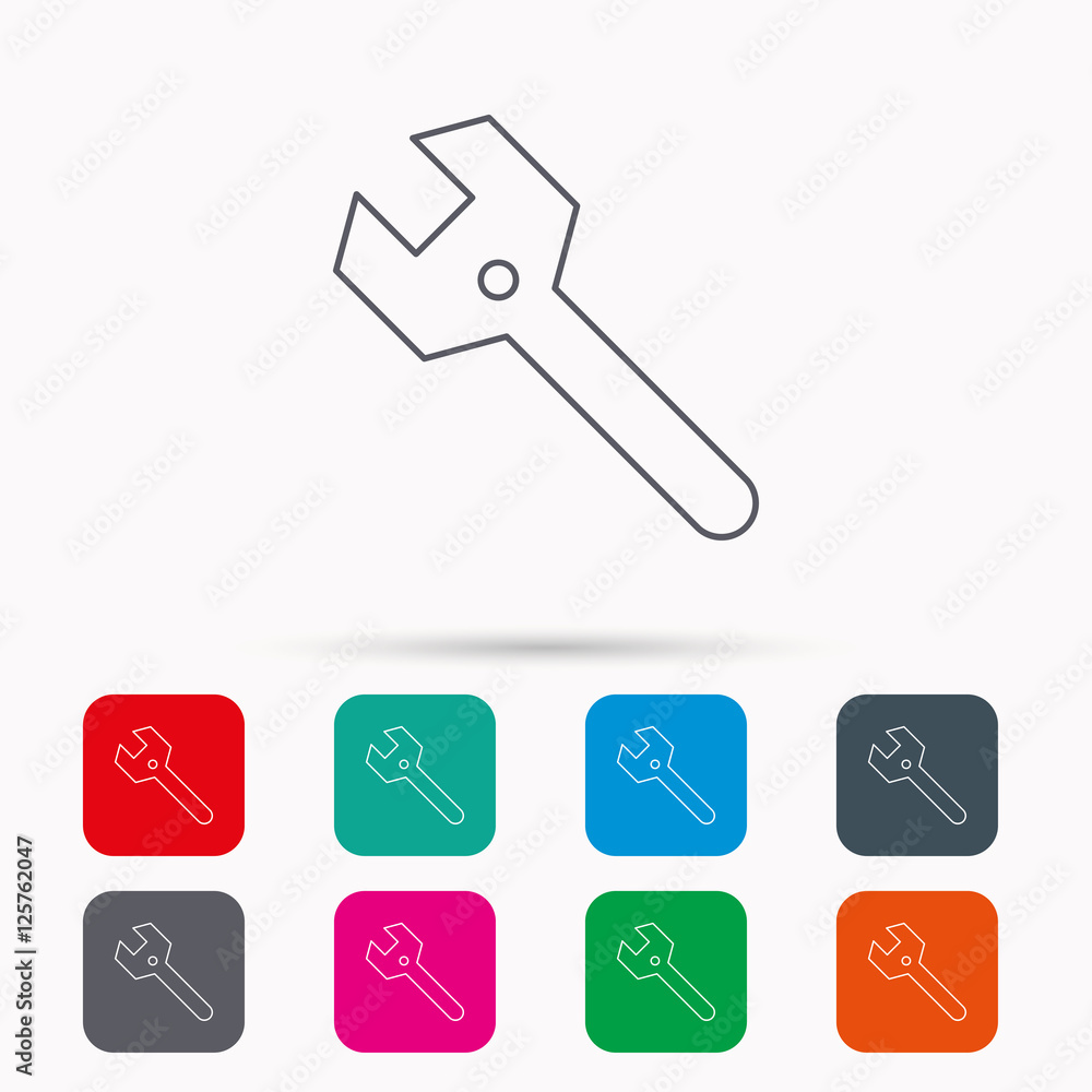 Poster wrench key icon. repair fix tool sign. linear icons in squares on white background. flat web symbols