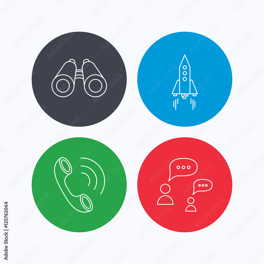 Poster phone call, chat speech bubble and binoculars icons. rocket linear sign. linear icons on colored but