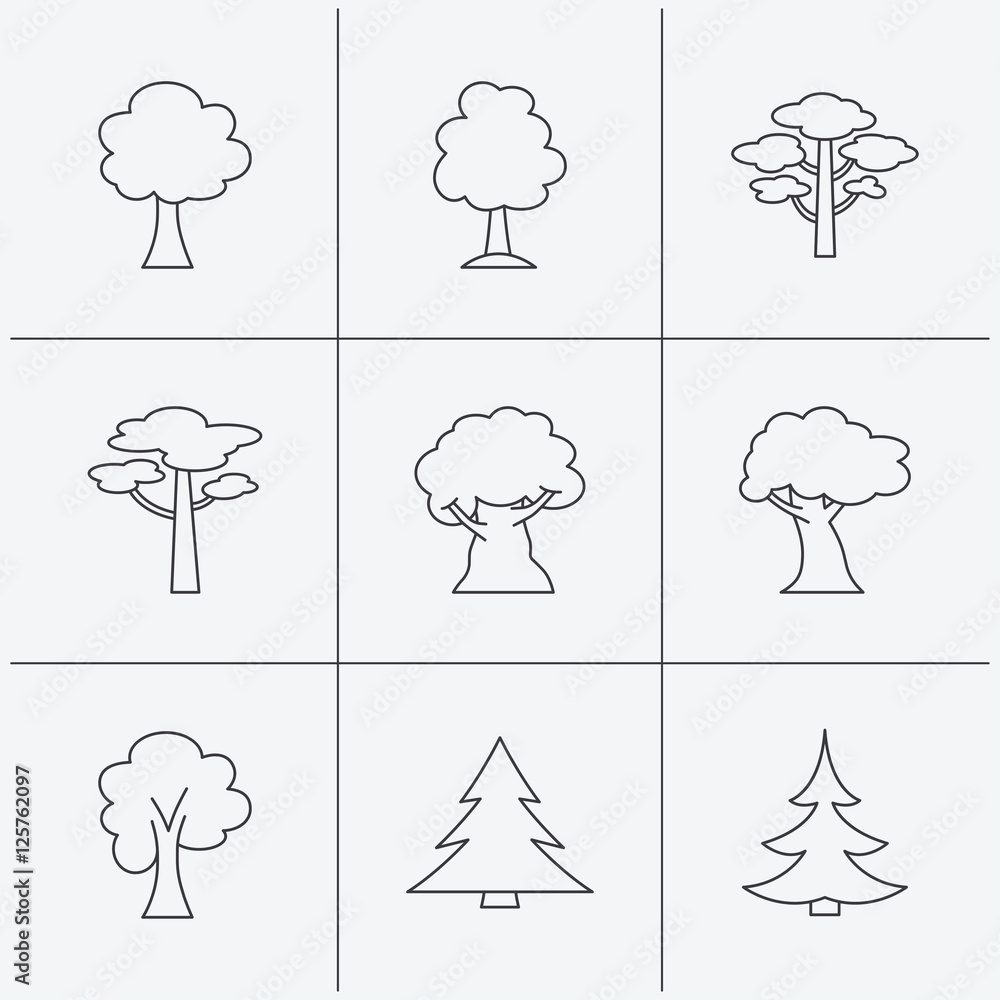 Poster pine tree, maple and oak icons. christmas trees linear signs. forest trees flat line icons. linear i