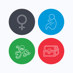 Female, treasure chest and pediatrics icons. Octopus linear sign. Linear icons on colored buttons. Flat web symbols. Vector