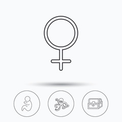 Female, treasure chest and pediatrics icons. Octopus linear sign. Linear icons in circle buttons. Flat web symbols. Vector