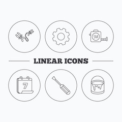 Fototapeta premium Screwdriver, battery terminal and tape measure icons. Bucket of paint linear sign. Flat cogwheel and calendar symbols. Linear icons in circle buttons. Vector