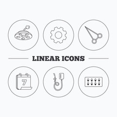 Drop counter, capsules and surgical lamp icons. Peans forceps linear sign. Flat cogwheel and calendar symbols. Linear icons in circle buttons. Vector