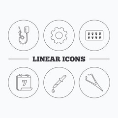 Drop counter, capsules and pipette icons. Eyebrow tweezers linear sign. Flat cogwheel and calendar symbols. Linear icons in circle buttons. Vector