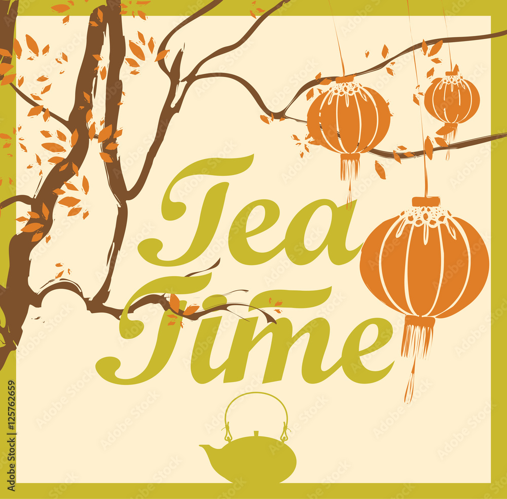 Poster vector banner tea time from the tree branches pattern with chinese paper lantern