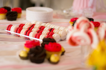 Candy Bar. Delicious sweet buffet with cupcakes. Sweet holiday buffet with cupcakes and other desserts.Table with sweets, candies, dessert