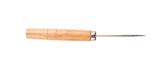 Awl with wood handle. On white, isolated background.Top view. Flat lay.