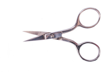 Nail scissors. Sewing scissors. On white, isolated background.Top view. Flat lay.