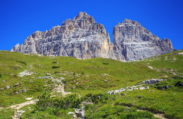 Beautiful landscape on the way from Misurina to Tre Cime di Lavaredo in Dolomites. Mountains in Northern Italy