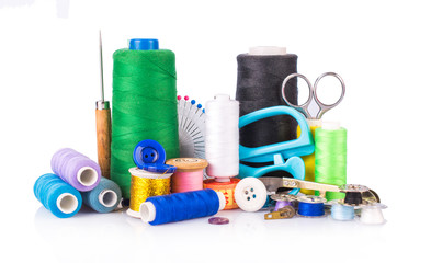 Large sewing kit. On white, isolated background.
