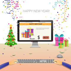 Decorated Workplace Computer Hands Using Typing Happy New Year Internet Christmas Sale Decoration Flat Vector Illustration