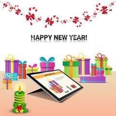 Decorated Workplace Tablet Computer Happy New Year Internet Christmas Sale Decoration Flat Vector Illustration