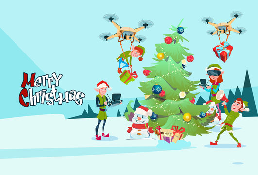 Green Elf Group Decoration Christmas Tree With Drone Wear Virtual Reality Glasses New Year Greeting Card Flat Vector Illustration